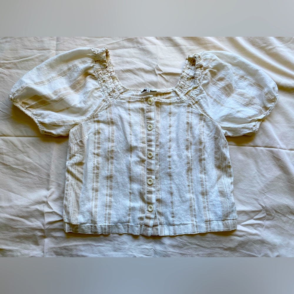 Madewell Beige striped button up linen blend cropped blouse women’s sz XL